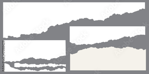 White realistic torn or ripped paper strip collection with grunge edges. Rips paper texture vector art background