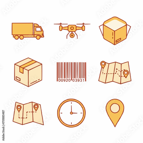Delivery Icons Set Truck, Drone, Package, Barcode, Map, Time, Location - Logistics Illustration