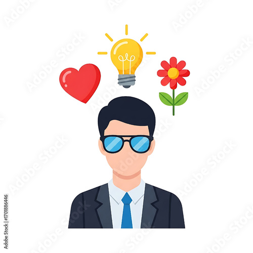 Creative man with heart, idea, and flower, symbolizing love and innovation