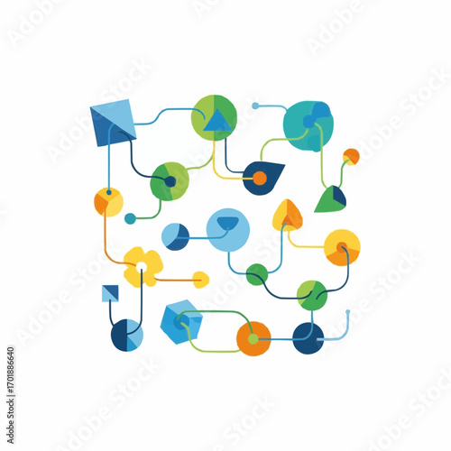 Abstract colorful network of interconnected geometric shapes representing a system of communication, technology, and data flow
