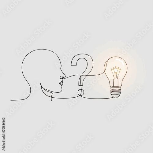 A continuous line drawing representing a human head with a question mark and a lit lightbulb symbolizing ideas and innovation