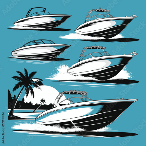 Three speedboats in motion on turquoise water with tropical island silhouette ocean