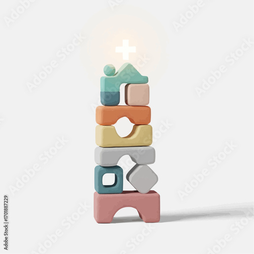 Conceptual illustration of community teamwork and positive growth, represented by a stable tower of abstract building blocks with a plus symbol