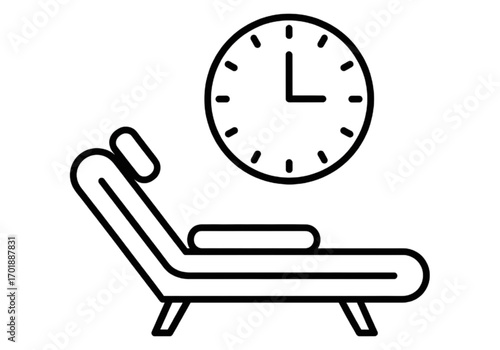 Minimal icon of a therapy couch and clock, no background, no shadow, black line style PNG