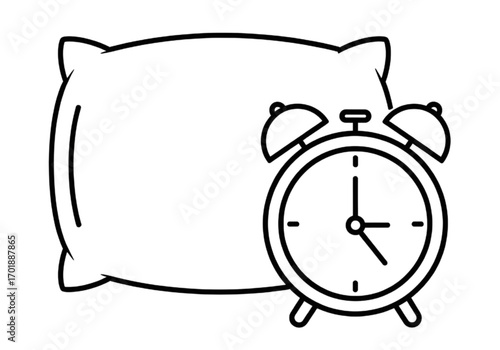 Minimal icon of a pillow and alarm clock, no background, no shadow, black line style PNG