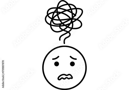 Minimal icon of a confused face with a tangled line, no background, no shadow, black line style PNG
