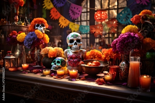 Vibrant colors of a Mexican Day of the Dead celebration, traditional Dia de los Muertos festival with decorated skulls, marigolds, and cultural heritage, 8K ultra high resolution