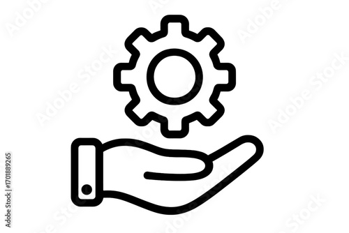 Hand holding gear line icon. Technical support, service, and maintenance concept. Business solution for management, development, and settings. Vector for web and app design.