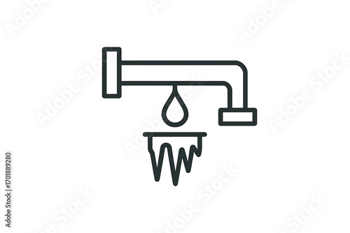 Frozen pipe icon for winter plumbing problems. Water drip and icicles concept. Cold weather pipe burst risk and damage. Thin line art symbol for heating and repair service.