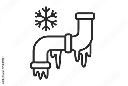 Frozen pipe vector line icon. Winter plumbing problem, cold weather damage concept. House heating emergency, burst pipe with icicles and snowflake symbol for repair service.