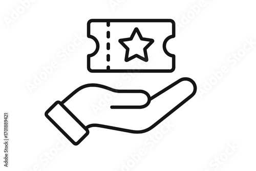 Hand holding ticket icon. Event admission pass pictogram. Cinema, concert or festival entry symbol. Loyalty program bonus, gift voucher or discount coupon with star sign.