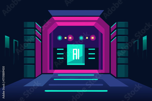 AI Mainframe Glowing In Cyberpunk Vault