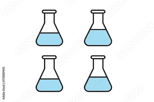 Lab flask icon set. Erlenmeyer flask with blue liquid. Laboratory glassware for science, chemistry, and biology research. Minimalist linear vector illustration for web design.