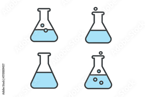 Lab flask icon set. Erlenmeyer flask with bubbling liquid. Chemistry experiment, scientific research concept. Chemical reaction, boiling fluid pictogram. Vector illustration.