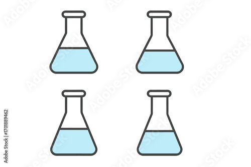 Lab flask icon set. Erlenmeyer flask with blue liquid. Science, chemistry research symbol. Laboratory glassware. Vector pictogram for web, apps. Minimalist flat line cartoon.