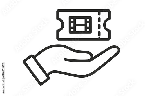 Hand holding movie ticket vector line icon. Cinema pass pictogram for web and graphic design. Film admission, festival entry concept. Entertainment, booking service symbol.