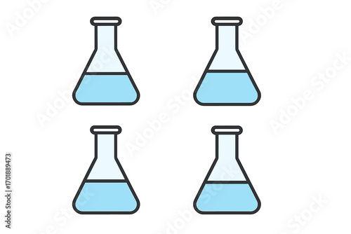 Science lab flask icon set. Chemistry glassware concept. Minimal Erlenmeyer flask pictogram. Blue liquid. Vector symbol for research, experiment, biology, medicine, school.