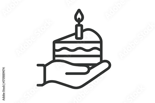 Hand holding a piece of birthday cake with a lit candle. Celebration, giving, dessert, party, and congratulations concept. Minimal linear pictogram for web, app, social media.