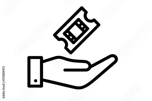 Movie ticket in hand icon. Cinema admission pass symbol. Concept for event, entertainment, film festival. Vector line art for web, app, graphic design. Buy or present voucher.