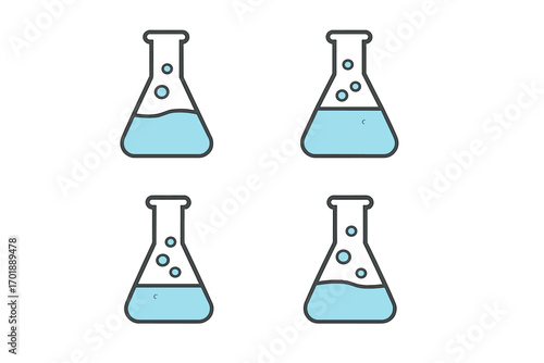 Science lab flask icon set. Chemical reaction experiment concept. Blue liquid with bubbles in chemistry glassware. Minimalist vector pictogram for web, app, graphic design.