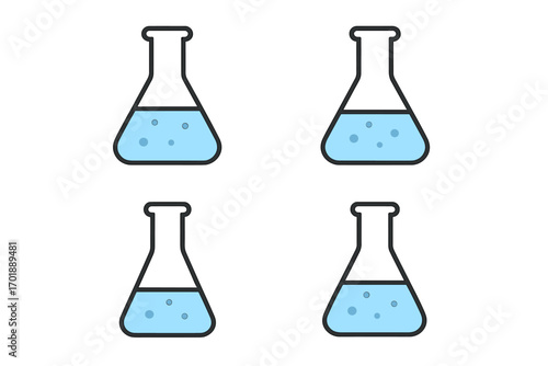 Chemistry lab flask icon set. Erlenmeyer flask with blue liquid and bubbles. Science, experiment, research concept. Laboratory equipment vector. Flat pictogram for web design.
