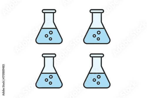Science and chemistry research icon set. Laboratory glassware, erlenmeyer flask with blue liquid and bubbles. Vector illustration for experiment, biology, pharmacy concept.