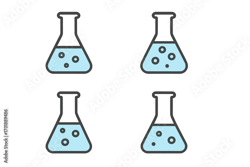 Lab flask vector icon set. Chemistry glassware pictogram. Erlenmeyer flask with blue liquid and bubbles for science, research, and chemical experiment concepts. Cartoon.