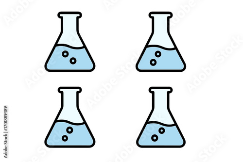 Chemistry lab flask vector icon pack. Erlenmeyer flask with blue liquid. Scientific research equipment. Minimalist pictogram for web, graphic design, apps, education, medicine.