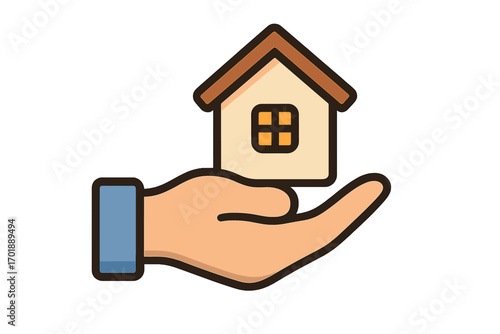 Hand holding house. Real estate logo. Property insurance icon. Mortgage loan concept. Home care, safety, and protection. Vector illustration for buying or selling a house.