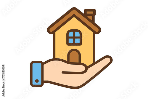 Hand holding house icon. Real estate logo concept. Property insurance, mortgage, home ownership. Metaphor for safety, care, support, housing. Buy, sell, rent. Vector.