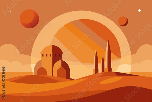 Alien Desert Planet With Twin Suns Metallic Ruins