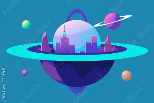 Alien Ringed Planet With Floating Futuristic Settlements