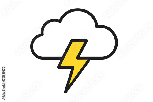 Thunderstorm line icon with lightning bolt and cloud. Simple flat cartoon vector for weather forecast app. Concept of power, energy, electricity, storm and charge symbol.