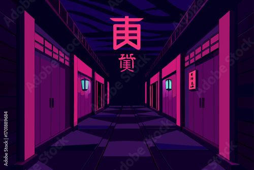 Alley Lit With Neon Kanji Signs