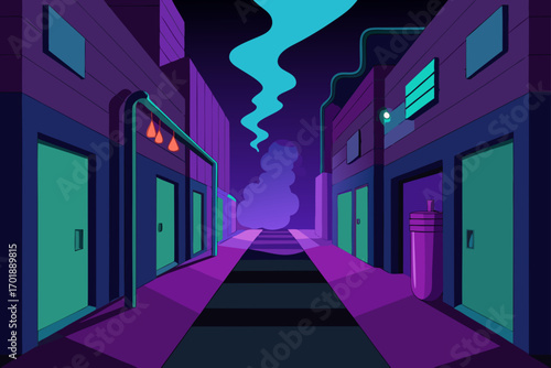 Alleyway With Neon Lit Smoke Vents