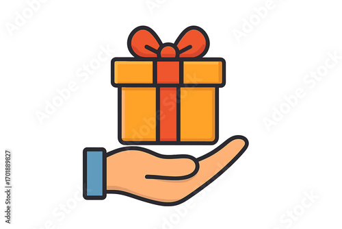 Hand giving gift box icon. Concept of receiving a present, surprise, or bonus. Vector illustration for loyalty program, sales promotion, charity, or birthday greeting.