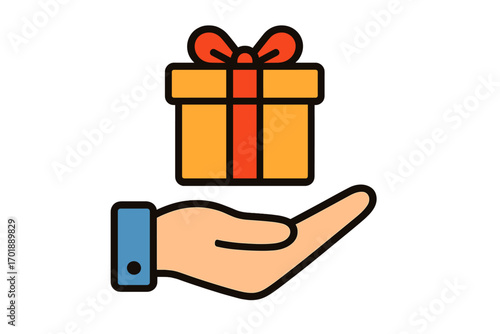 Hand giving a gift box icon. Concept of receiving a bonus, reward, or a loyalty program prize. Vector illustration for charity, donation, and support. A present for a birthday.