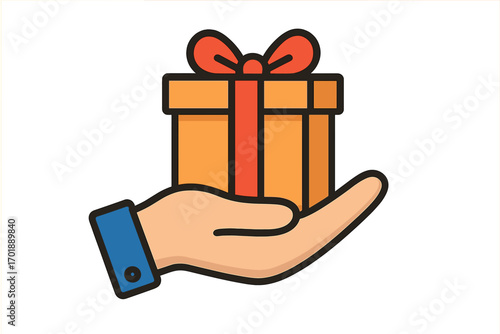 Hand giving gift box vector icon. Present in palm. Concept of charity, bonus, reward, loyalty program, surprise, celebration. Minimalist flat cartoon graphic illustration.