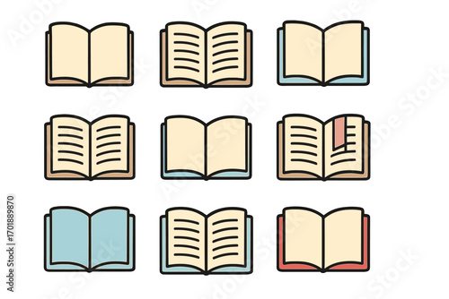 Book icon set. Open textbook pictogram collection. Minimal linear symbol for web, app, library. Education, learning, reading concept. Vector cartoon graphic illustration.