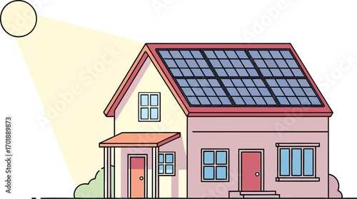 A cartoon illustration of a house with solar panels on its roof, bathed in sunlight.