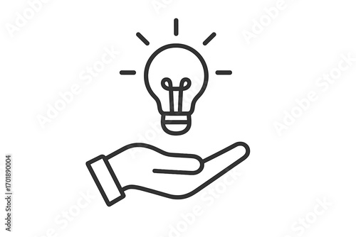 Hand holding light bulb icon. Concept of new idea, innovation, and solution. Symbol of creativity, inspiration, invention, and knowledge. Outline vector illustration for business.