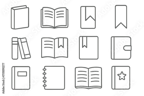 Book, bookmark, diary thin line icon set. Vector outline signs for graphic and web design. Reading, library, and education symbols for apps, adverts, and notebook pictogram.