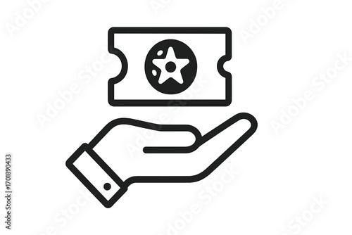 Hand holding ticket icon. Event admission coupon. VIP entry pass for concert or cinema. Lottery, raffle, or giveaway voucher. Prize winner concept. Loyalty program bonus gift.