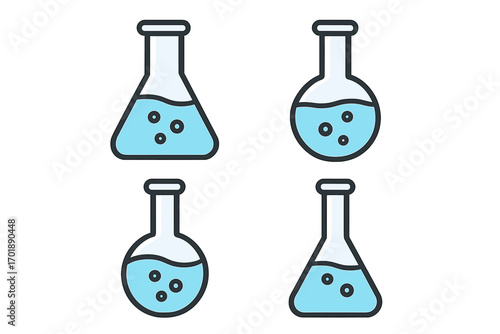 Science lab flask icon set. Chemistry research glassware with blue chemical liquid. Erlenmeyer and round bottom flask vector pictogram. Laboratory experiment equipment symbols.