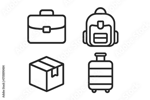 Bags and luggage vector line icon set. Includes briefcase, backpack, package, and baggage. Outline symbols for graphic design, web, mobile apps, UI, UX, and pictograms.