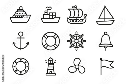 Nautical line icon set. Ship, boat, and marine symbols. Vector collection of cruise ship, cargo boat, sailboat, anchor, helm, lighthouse, and lifebuoy for web design.