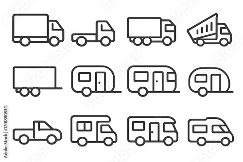 Truck and motor home line icon set. Vector outline symbols for delivery, logistics, travel, and camping. Includes RV, camper, van, trailer, and pickup truck graphics.