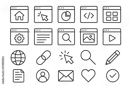 Web icon set. UI UX thin line icons for website and mobile app design. User interface navigation and internet symbols. Minimalist outline pictogram collection for web page.