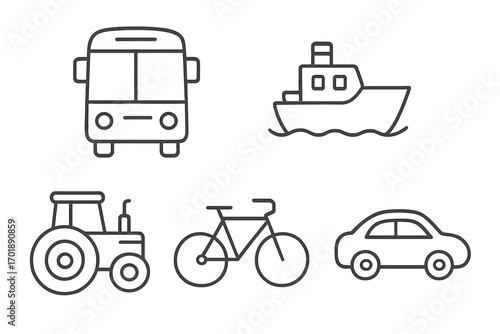 Transport icon set with bus, ship, tractor, bicycle, and car outline symbols. Simple linear vector illustration collection for web and apps. Editable stroke pictograms.