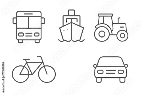 Transport line icon set with bus, ship, tractor, bicycle, and car. Vehicle outline symbols collection. Simple linear vector graphic with editable stroke for web and apps.